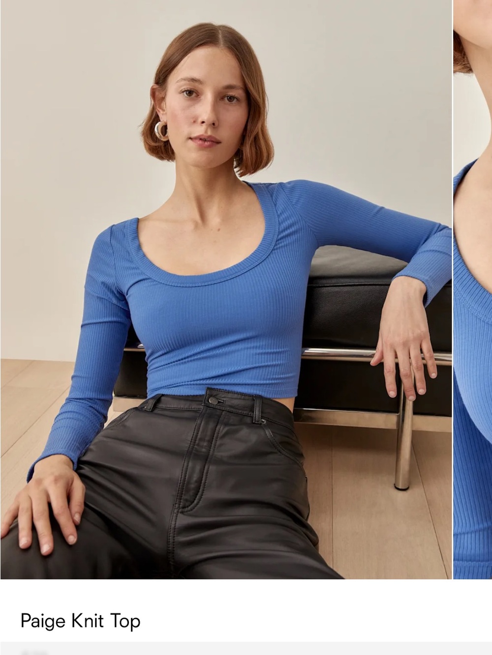 Reformation Ribbed Cropped Scoop-Neck Long Sleeve Top in Blue